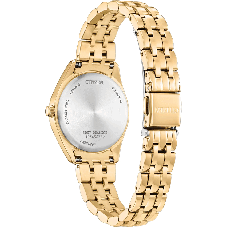O Peyten EM1232-59D vem com caixa e pulseira em aço inoxidável com acabamento dourado
