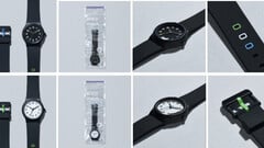 Relógios de pulso FamilyMart pretos e brancos, desenvolvidos em parceria com a Citizen Watch, apresentados com detalhes da embalagem e da pulseira.