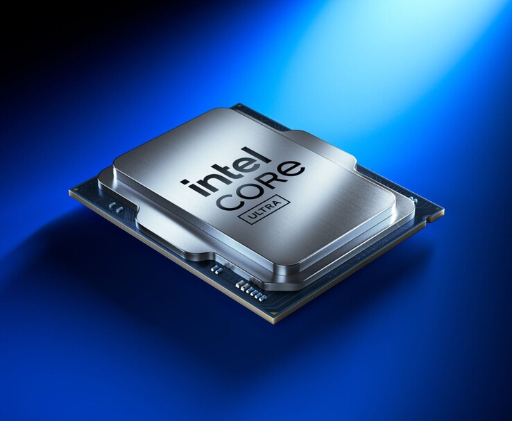 Processador Intel Core Ultra em um fundo azul gradiente, mostrando seu design metálico elegante e circuitos integrados. (Fonte da imagem: Intel)