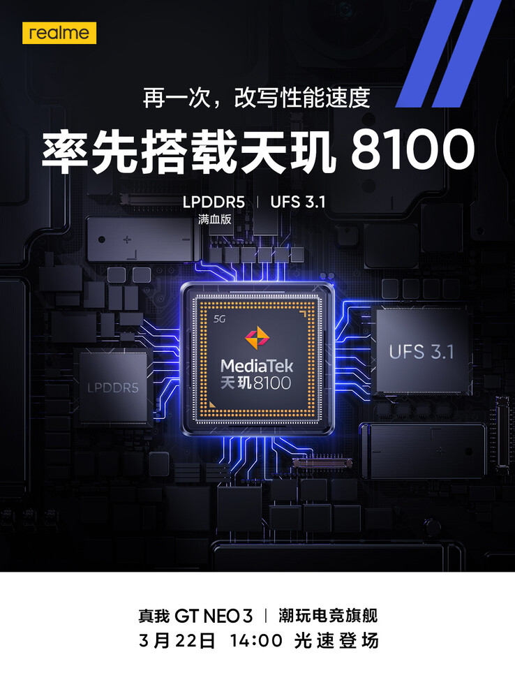 O GT Neo3 também adicionará à sua lista de internos de alto desempenho RAM e armazenamento flash. (Fonte: Realme via Weibo)