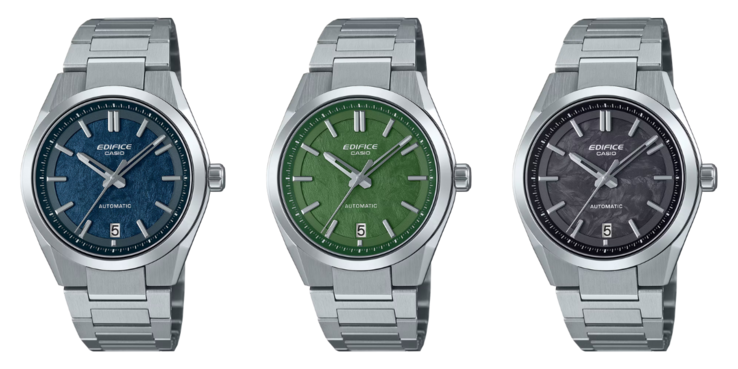 Da esquerda para a direita: Casio Edifice EFK-100D-2A, EFK-100D-3A e EFK-100CD-1A. (Fonte da imagem: Casio)