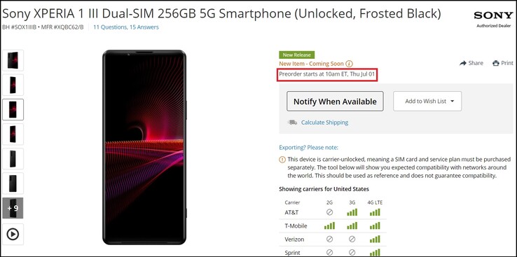 Data de pré-compra Sony Xperia 1 III. (Fonte da imagem: B&amp;H Photo)