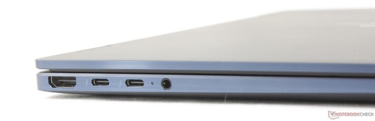 À esquerda: HDMI 2.1, 2 portas USB-C Thunderbolt 4 com DisplayPort 2.1 + Power Delivery 3.0, entrada de 3,5 mm para fones de ouvido