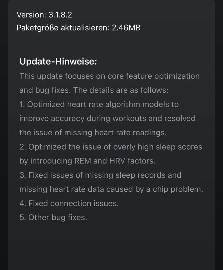 As notas de lançamento da versão 3.1.8.2 para o Amazfit Helio Strap. (Fonte da imagem: u/Realistic_Tell_533 via Reddit)