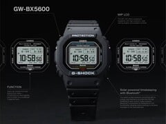 Relógio Casio G-Shock GW-BX5600 apresentado com legendas destacando seu LCD MIP, dois estilos de fonte, alimentação Tough Solar, conectividade Bluetooth e sincronização de hora controlada por rádio Multiband 6.