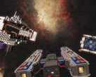 Captura de tela do Cubic Odyssey com um cruzador espacial contra uma nuvem de gás