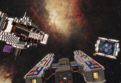 Captura de tela do Cubic Odyssey com um cruzador espacial contra uma nuvem de gás