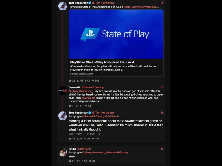 Tom Henderson e Jeff Grubb respondendo a um comentário sobre o jogo God of War spinoff. (Fonte da imagem: Xcancel)