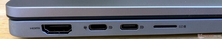 Esquerda: HDMI 2.0, 2x USB-C 3.2 Gen 1 (5 Gbps, DisplayPort 1.4, power in), microSD