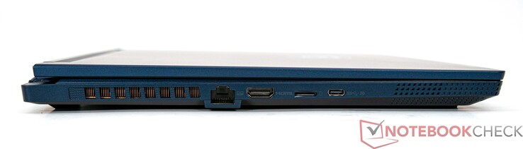 Lado esquerdo: LAN (RJ45), HDMI 2.1 (4K/120 Hz, 8K/60 Hz), leitor de cartão microSD, USB 3.2 Gen 2 Typ-C
