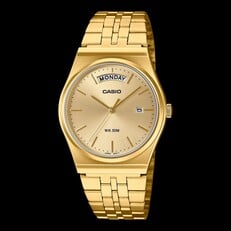 Relógio Casio MTP-B146G-3AV com caixa e pulseira em aço inoxidável com revestimento iônico dourado, mostrador em tom dourado, indicador do dia às 12 horas e janela de data às 3 horas.