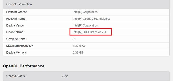 UHD Graphics 750. (Fonte de imagem: Geekbench)