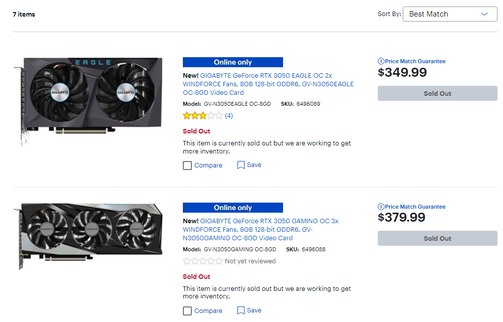 Os dois cartões Gigabyte RTX 3050 da Best Buy já estão esgotados. (Fonte: Bestbuy)