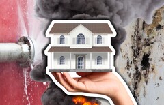 Monitores de vazamento de água, detectores de fumaça e termostatos têm potencial para casas inteligentes. Uma casa genérica, um cano com vazamento e uma foto de incêndio. (Fonte da imagem: Canva -edits)