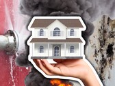 Monitores de vazamento de água, detectores de fumaça e termostatos têm potencial para casas inteligentes. Uma casa genérica, um cano com vazamento e uma foto de incêndio. (Fonte da imagem: Canva -edits)