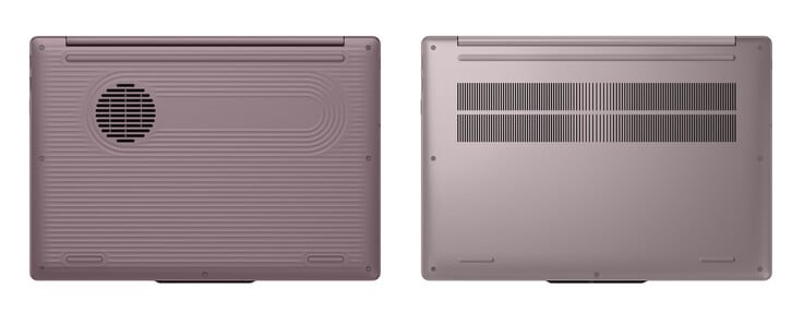 O IdeaPad Vibe 15AKP12 com as suas tampas inferiores em plástico e alumínio, da esquerda para a direita.