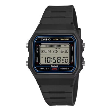 Casio F-B100W-1A com caixa preta e pulseira de resina, além de um anel azul em destaque ao redor do mostrador do relógio.