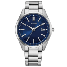 Relógio Citizen CB0300-53L Eco-Drive com controle por rádio, mostrador azul com efeito sunburst, pulseira de aço inoxidável, marcadores de hora tipo bastão e exibição da data.