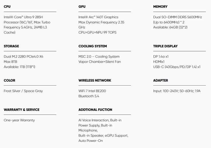Especificações completas do mini PC (Fonte da imagem: Beelink)