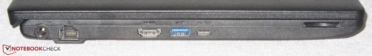 Esquerda: porta de alimentação, Gigabit-Ethernet, HDMI, USB 3.2 Gen 1 (Tipo A), USB 3.2 Gen 2 (Tipo C; Power Delivery, DisplayPort), leitor de cartões de armazenamento (SD)