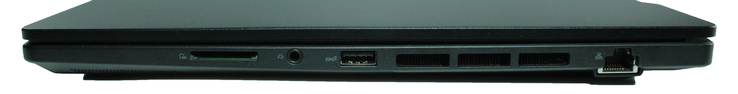 Lado direito: Leitor de cartões SD, áudio 3,5 mm, USB-A 3.2 Gen.2, Gigabit LAN