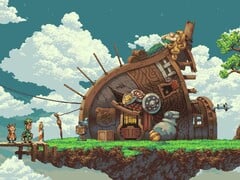Uma imagem mostrando uma casa em Owlboy.