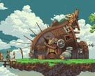 Uma imagem mostrando uma casa em Owlboy.