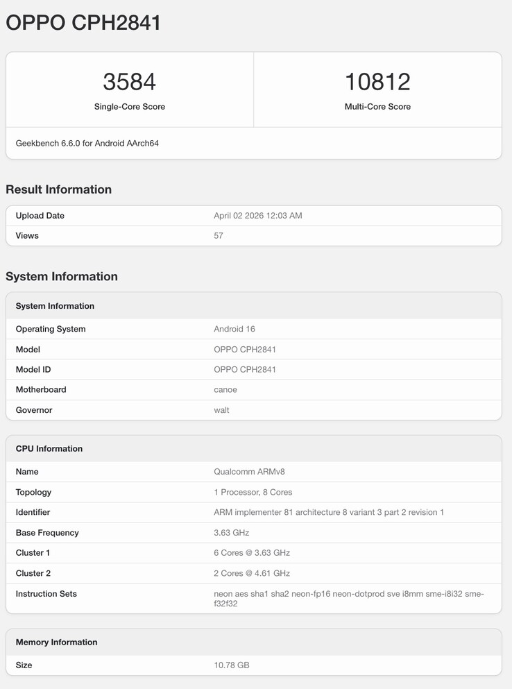 Listagem do Geekbench do próximo celular Oppo.