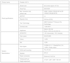 Especificações do Predator X27 X (Fonte da imagem: Acer - tradução automática)