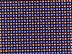 A tela OLED é baseada em uma matriz de subpixel RG/BG que consiste em um diodo emissor de luz vermelho, um azul e um verde cada