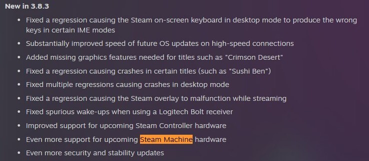 Registro da versão beta do SteamOS 3.8.3. 