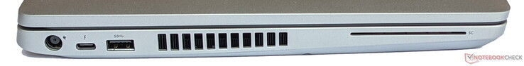 Lado esquerdo: Fonte de alimentação, 1x USB 3.2 Gen 1 Tipo C, 1x USB 3.2 Gen 1 Tipo A, ventilação, leitor de cartão chip