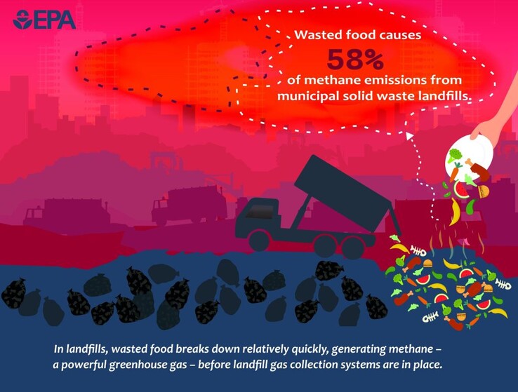 O desperdício de alimentos em aterros sanitários é a principal fonte de emissões de metano que contribuem para o aquecimento global. (Fonte da imagem: EPA)