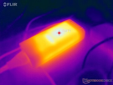 O adaptador CA atinge mais de 38 °C ao operar cargas exigentes