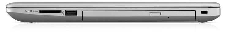 Lado direito: Leitor de cartão de memória (SD), USB 2.0 (Tipo A), drive óptico, slot de trava de cabo