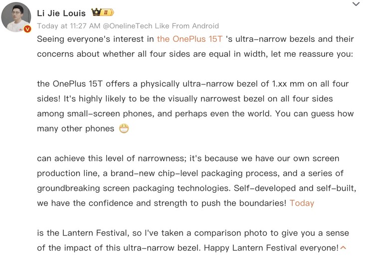 O presidente da OnePlus China compartilha detalhes sobre os engastes da tela do 15T.