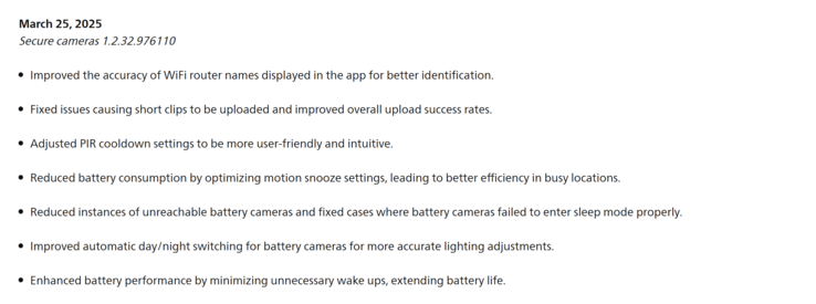 O registro de alterações da atualização 1.2.32.976110 das câmeras Philips Hue Secure. (Fonte da imagem: Philips Hue)