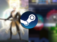 O logotipo do Steam sobreposto a duas capturas de tela borradas de Beat Survival e Celestial Bond.