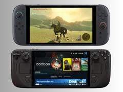 Nintendo Switch 2 sentado acima do Steam Deck (Fonte da imagem: Nintendo of America, Valve com edição)