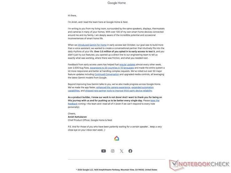 E-mail do Google Home enviado pelo Diretor de Produtos.