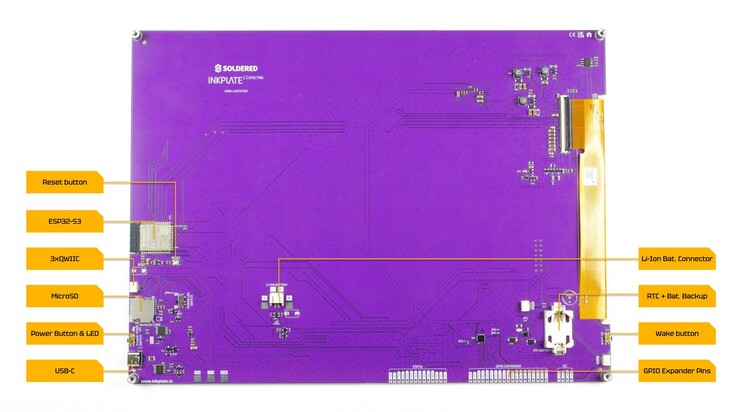 Visão geral da parte traseira da placa Inkplate 13SPECTRA mostrando o ESP32-S3 integrado, as interfaces de expansão e as entradas de energia