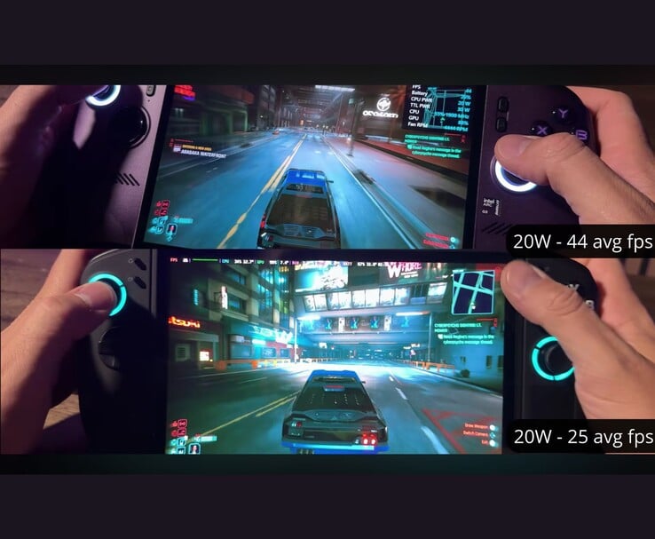 O MSI Claw 8 AI+ e o Lenovo Legion Go 2 rodam o Cyberpunk 2077 com consumo de 20 W, apresentando 44 FPS e 25 FPS, respectivamente.