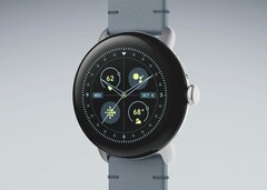 O Pixel Watch 2 com sua nova pulseira de couro Moondust Crafted. (Fonte da imagem: Google)