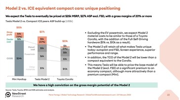 Expectativa Tesla Modelo 2 de preço e discriminação de custos (imagem: New Street Research)