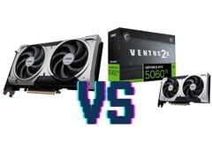 MSI GeForce RTX 5060 Ti Ventus 2x OC Plus 16 GB (esquerda) e 8 GB (direita) variantes. (Fonte da imagem: Mindfactory, editado)