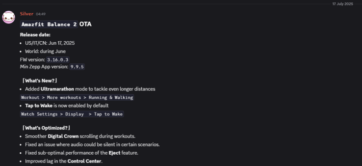 As notas de lançamento da atualização do Amazfit Balance 2 versão 3.16.0.3. (Fonte da imagem: Amazfit via Weibo)