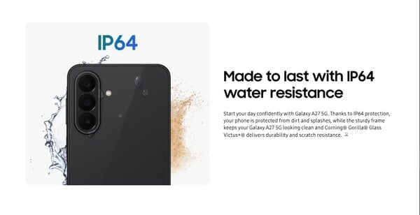 A classificação IP do Galaxy A27 5G foi rebaixada para IP64.