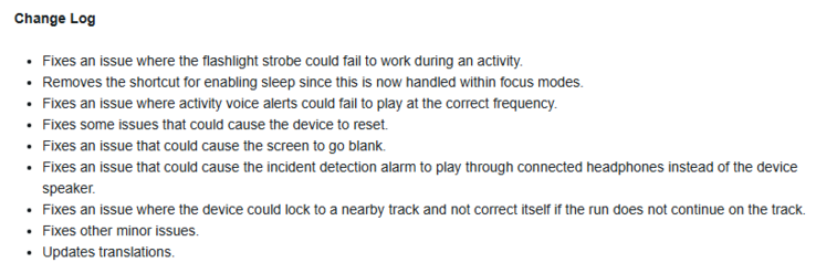 As notas de lançamento da versão beta 15.12 para os smartwatches Forerunner 570 e Forerunner 970. (Fonte da imagem: Garmin)