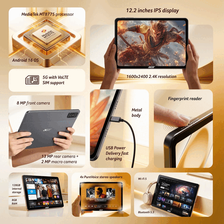 Principais especificações, ecrã, câmaras, conectividade e funcionalidades de hardware do Acer Iconia Tab 12 5G