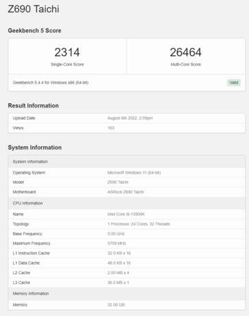 Intel Core i9-13900K no Geekbench 5. (Fonte: Geekbench)